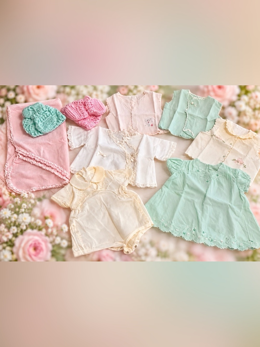 Vintage Baby Girl Clothing Bundle w/Blanket & Hand Knitted Beanies & Footies